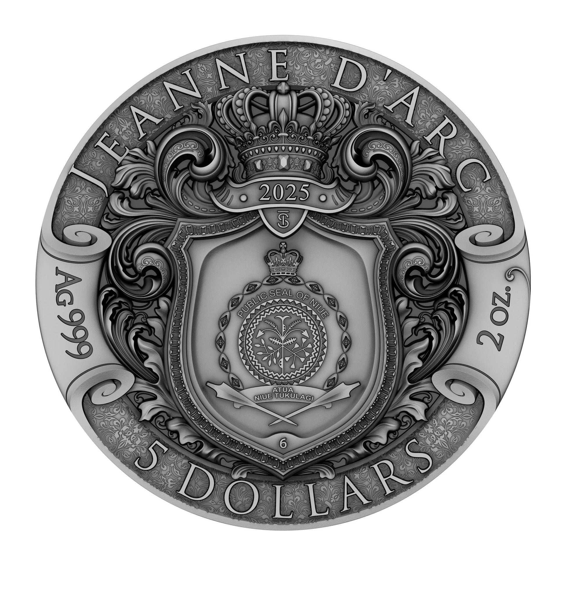 Silver coin with intricate designs and text on a white background