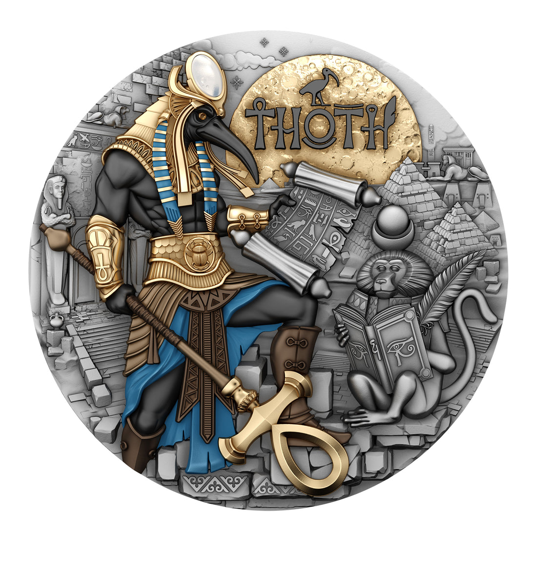 Decorative coin featuring an Egyptian-themed design with a central figure and hieroglyphics.