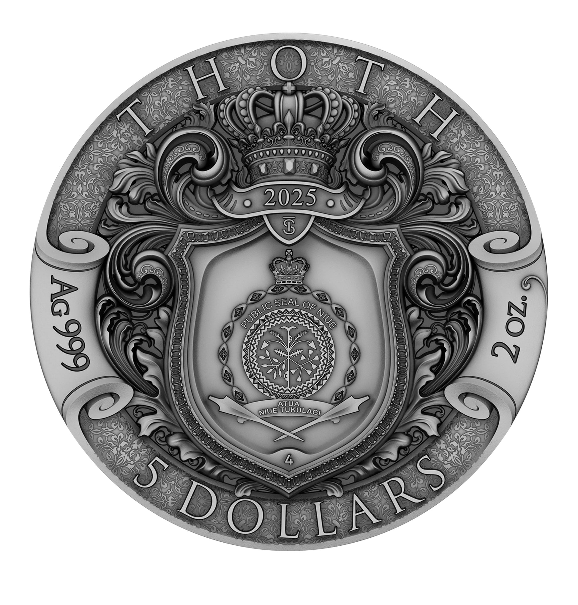 Silver coin with intricate design and text on a white background