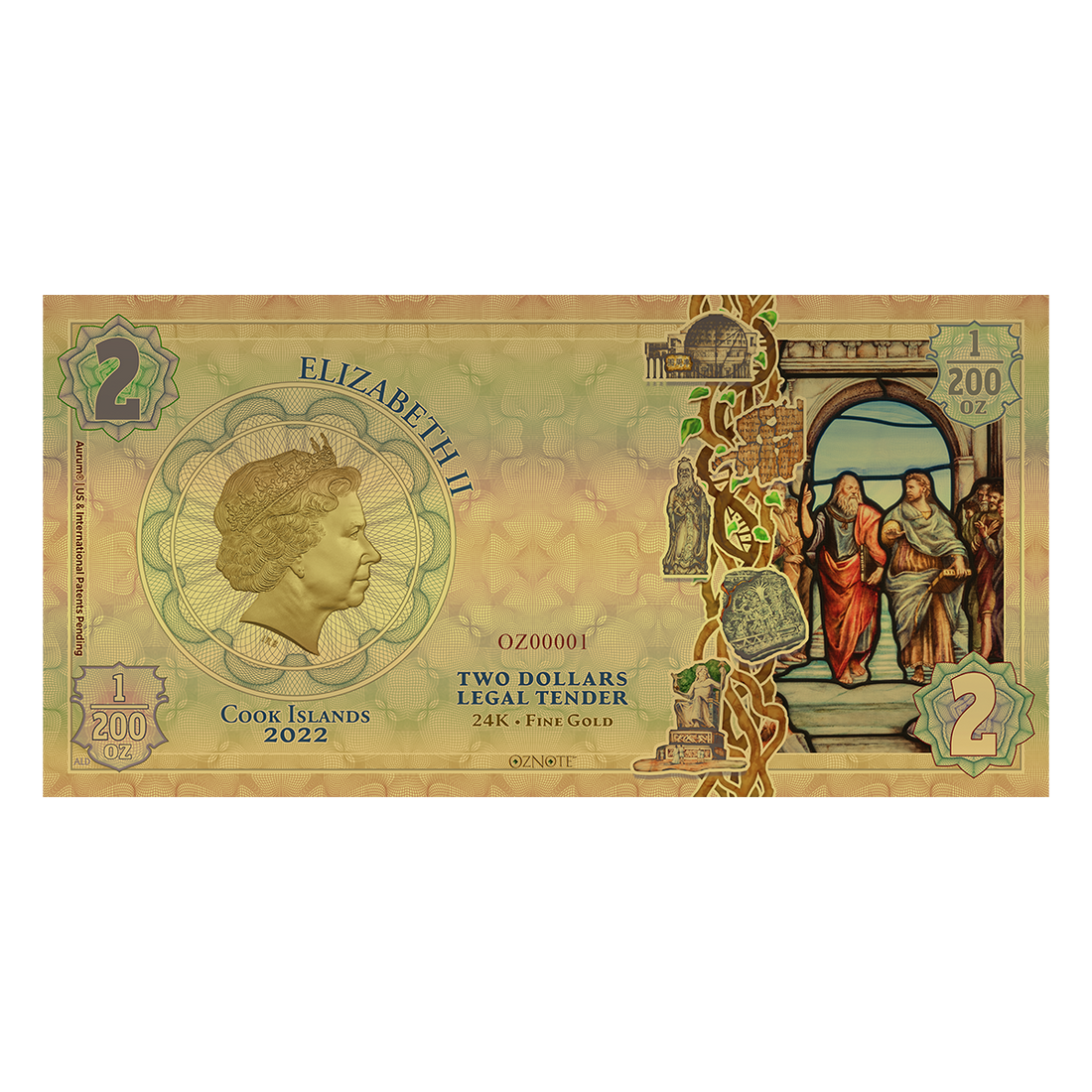 2022 Cook Islands VOICE Threads of Light 24k Gold Note - OZB