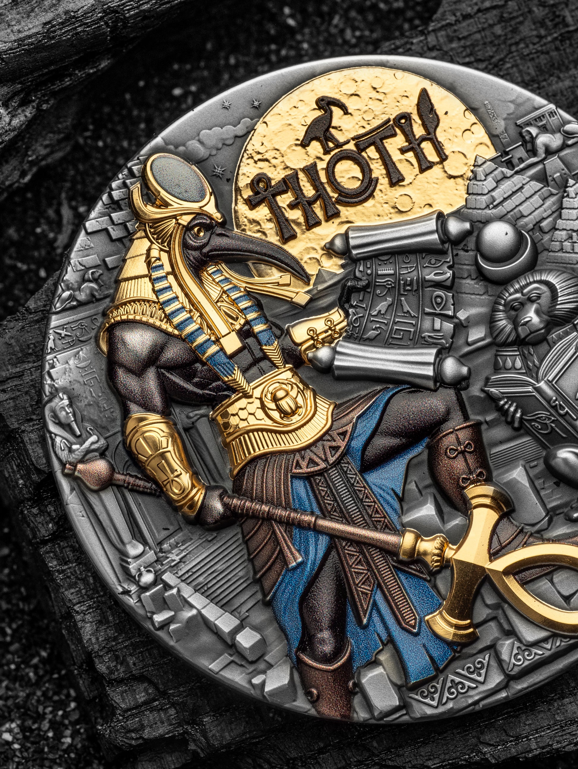 Decorative coin featuring a warrior figure with 'Thoth' text on a textured background