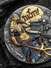 Decorative coin featuring a warrior figure with 'Thoth' text on a textured background