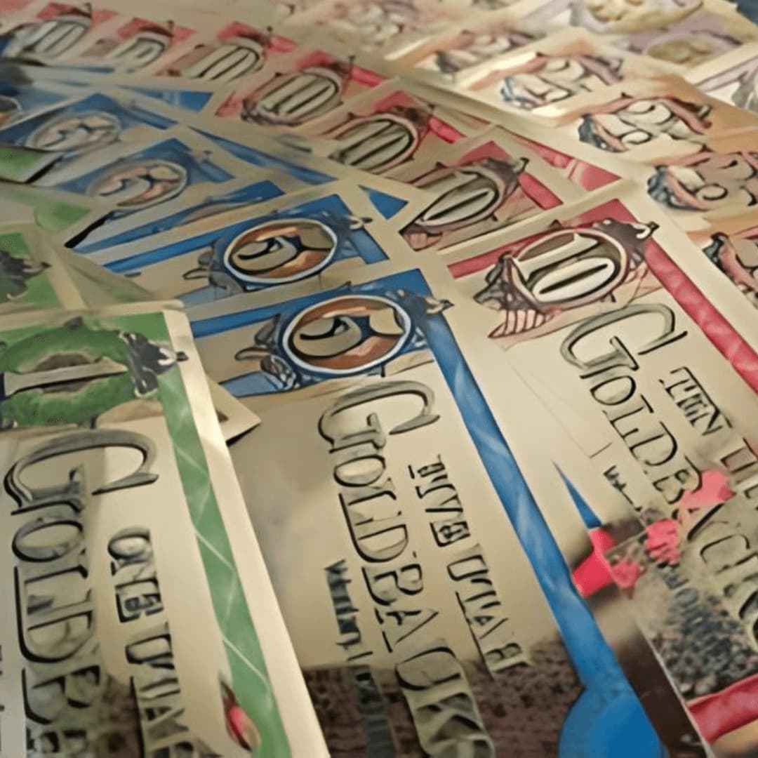 Collection of goldback stamps with various designs and colors.