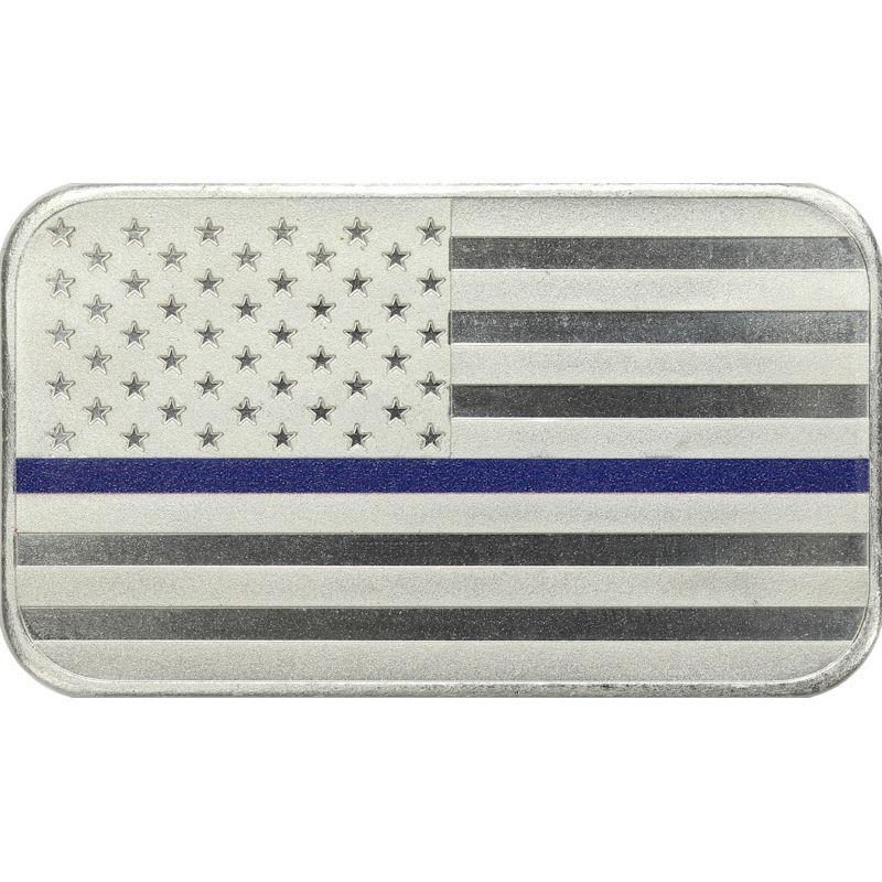 Police Officer Blue Line Enameled American Flag Silver Bar - OZB
