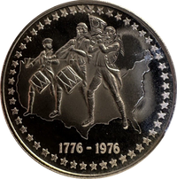 Silver coin with historical figures and stars, commemorating 1776-1976.