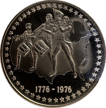 Silver coin with historical figures and stars, commemorating 1776-1976.