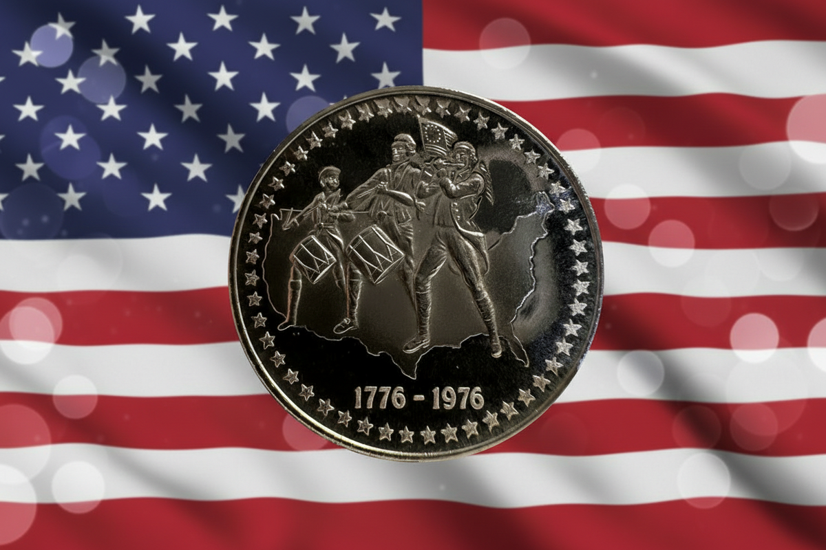 Coin with historical design on an American flag background