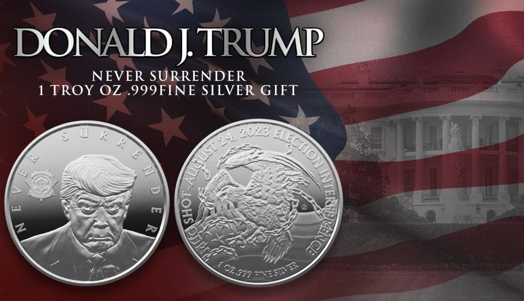 Silver coin with portrait and eagle design, featuring 'Donald J. Trump' text against an American flag background.