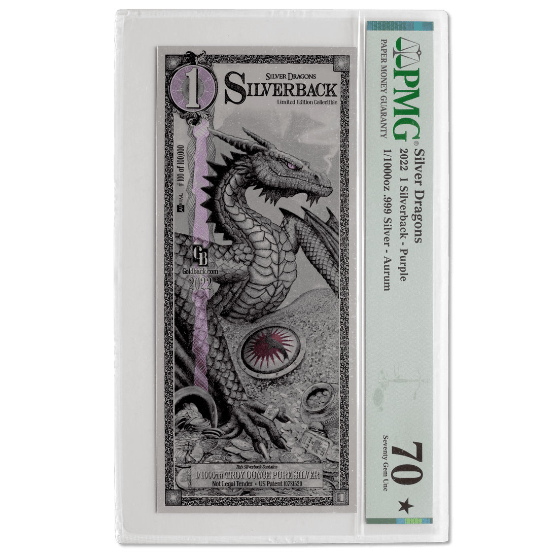 Silverback - Silver Dragons (Purple Edition) PMG 70 Aurum Silver Note 2022 - OZB