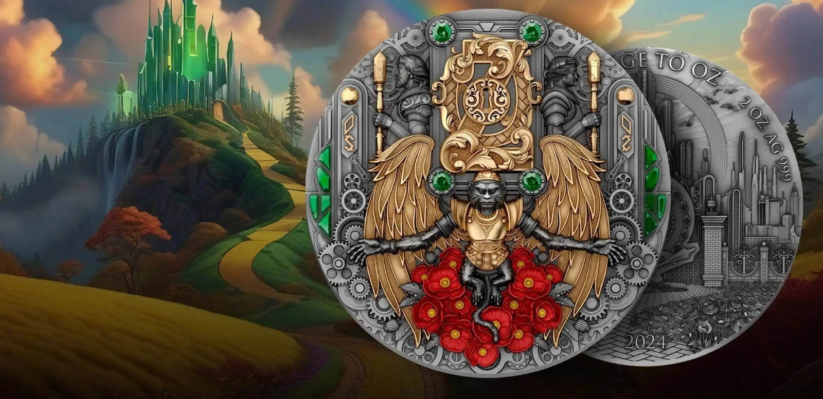 Decorative coin with angelic design on a fantasy landscape background
